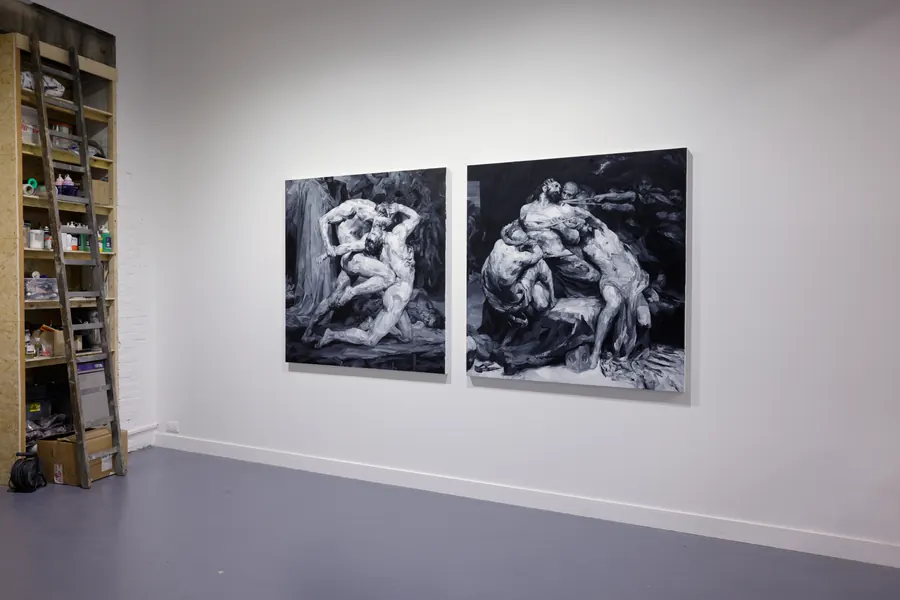 Two canvases on the studio wall